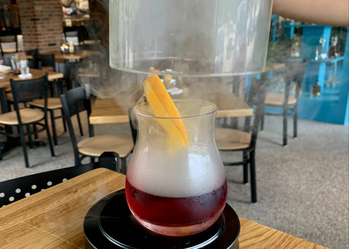 The Smoke on the Fox is a smokey twist on the Manhattan, replacing bitters with Licor 43, giving the cocktail a sweet finish. One of several cocktails at Dakotas.