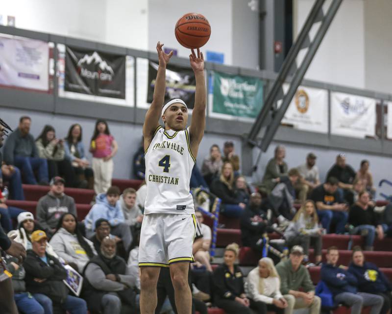 Yorkville Christian's Tray Alford (4) shoots a jump shot during their basketball game between Christ the King at Yorkville Christian, Feb 6, 2026 in Yorkville.