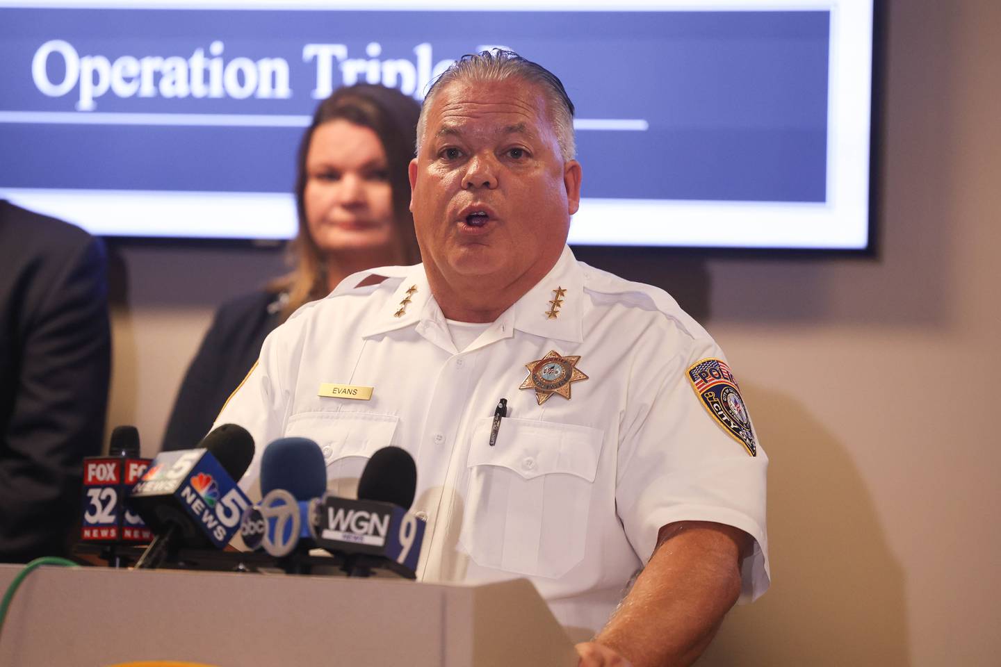 Joliet Police Chief Wlliam Evans speaks at a press conference regarding a joint operation that resulted in arrest and indictment of 25 defendants in a Paycheck Protection Program loan fraud. Wednesday, Sept. 21, 2022, in Joliet.