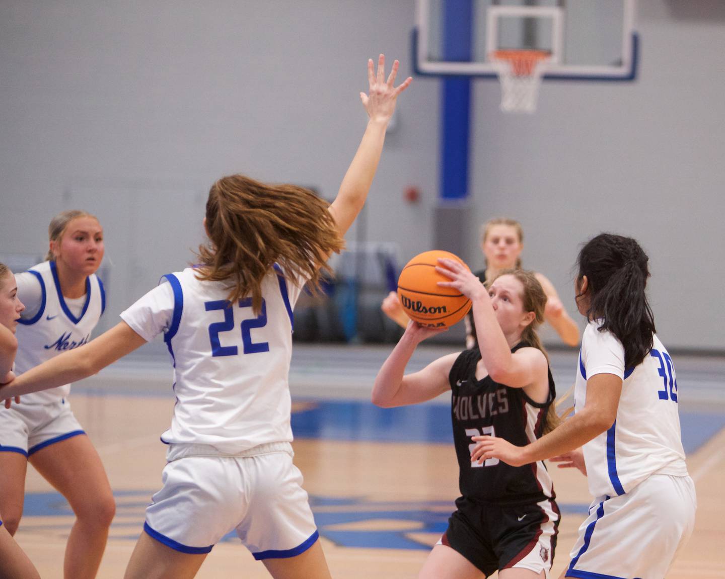 Prairie Ridge's Isabella Militello puts the shot up against St. Charles North at the Burlington Central Tournament on Tuesday, Nov. 19,2024 in Burlington.