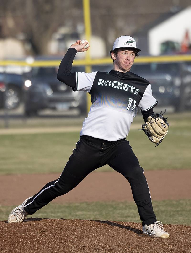 Rock Falls’ Carter Hunter throws against Princeton Thursday, March 27, 2025.