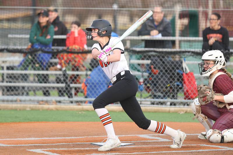 Lincoln-Way West’s Kaylea Armstrong connects for a double against Lockport in the WJOL Softball Tournament championship game on Thursday, April 2, 2026 in Joliet.