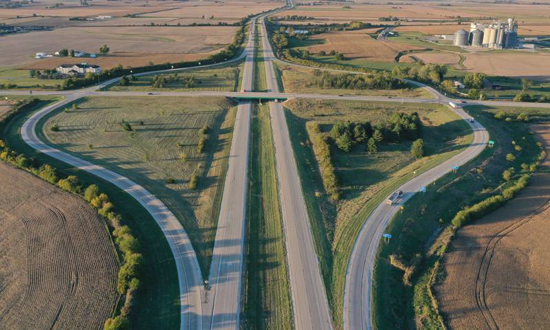 An aerial view of Interstate 39 looking north of Mendota on Wednesday, Oct. 8, 2025 in Mendota. 40 years ago,  Interstate I-39 opened between Mendota and Rochelle.