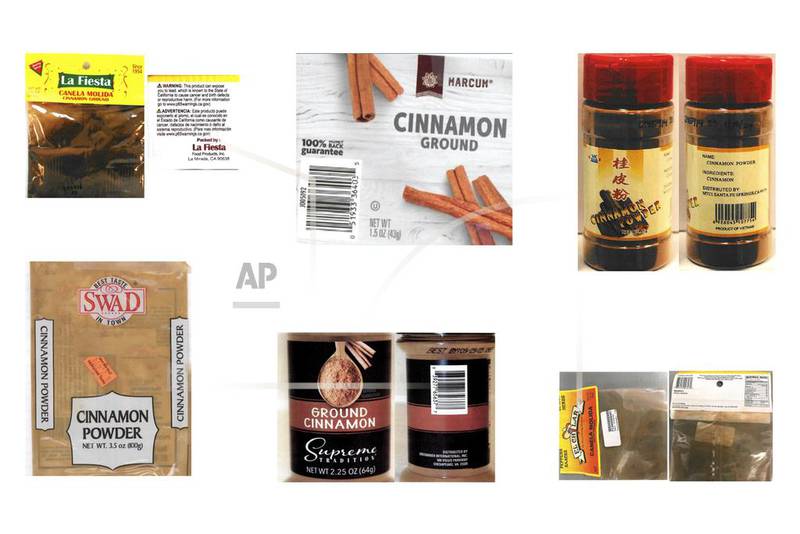 This combination of photos provided by the U.S. Food and Drug Administration on Wednesday, March 6, 2024 shows cinnamon products sold in U.S. discount stores which contain elevated levels of lead. Top row from left are distributed by La Fiesta Food Products of La Miranda, Calif.; Moran Foods, LLC of Saint Ann, Mo., and MTCI of Santa Fe Springs, Calif. Bottom row from left are from Raja Foods LLC of Skokie, Ill.; Greenbriar International, Inc. of Chesapeake, Va., and El Chilar of Apopka, Fla.