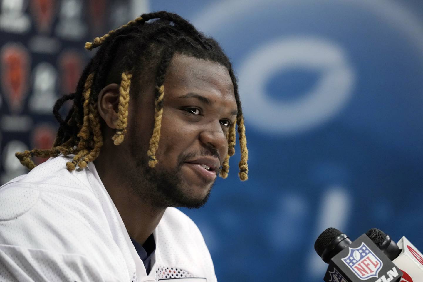 Chicago Bears defensive lineman Zacch Pickens listens to a question from the media at a news conference during the team's rookie minicamp in 2023, at Halas Hall in Lake Forest.