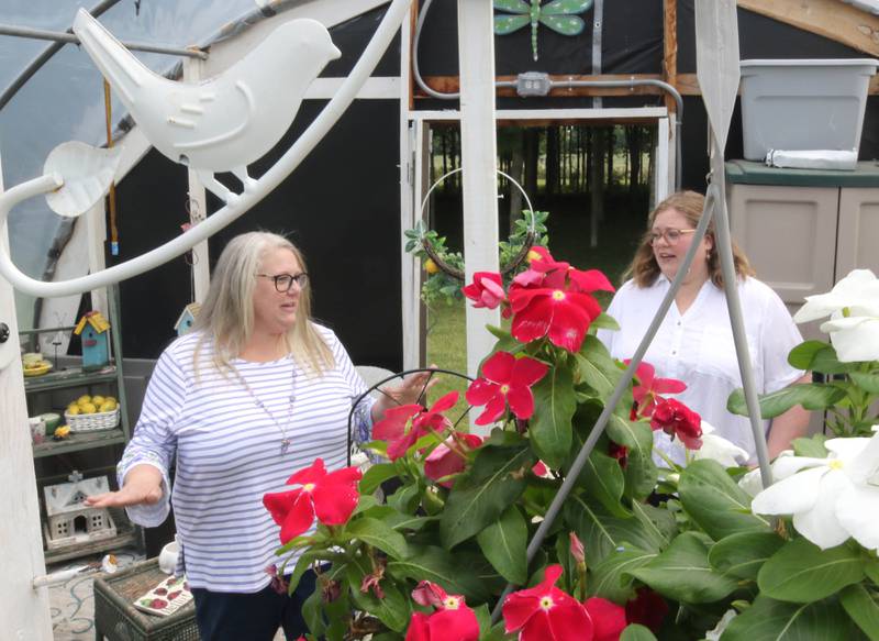 Tammy McMahan, (left) founder and executive director of the Ruth Project, along with her daughter Ashley, storehouse manager with the group, talk Thursday, July 13, 2023, in the greenhouse at the organization’s 33-acre farm in Sycamore. The Ruth Project is a group based in Elgin that provides support for foster parents and children.