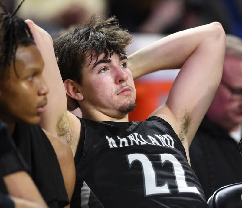 Kaneland's Brayden Seaton watches the closing seconds of the Knights’ 68-28 loss to DePaul College Prep during the Class 3A boys supersectional at NOW Arena on Monday, March 10, 2025 in Hoffman Estates.