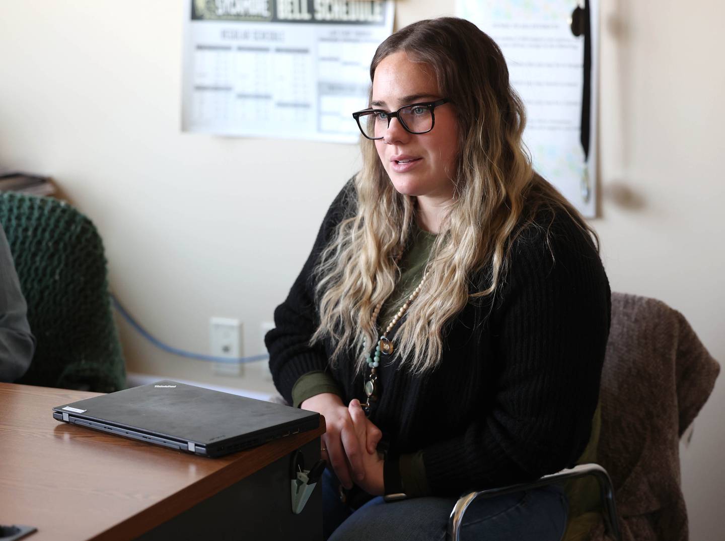 Mallory Wolf, a social worker at Sycamore High School, talks Wednesday, April 16, 2025, at the school about the Student-Athlete Support Coalition that they are a part of that gives support to student athletes at the school.