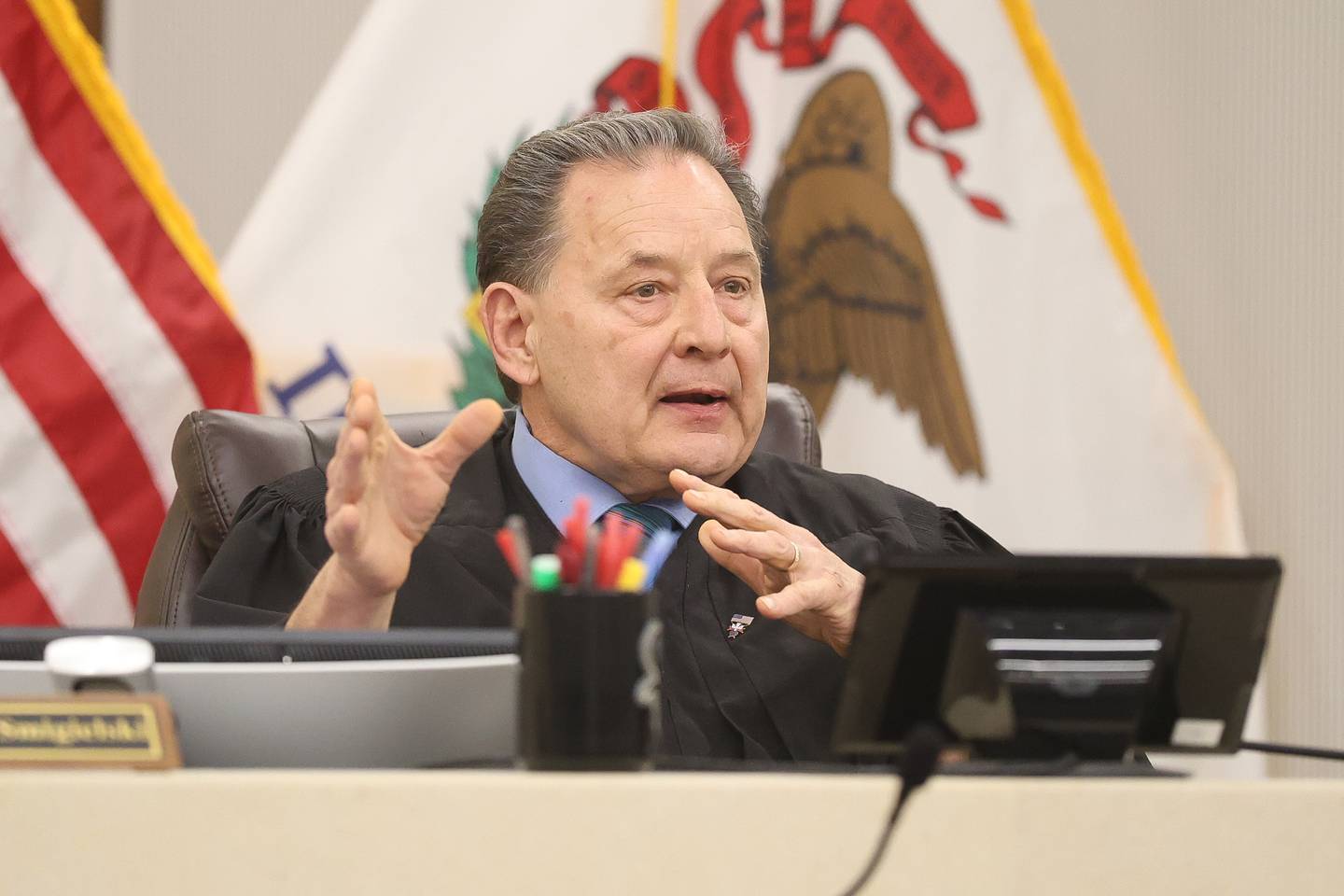 Judge Art Smigielski speaks during a petition by prosecutors for Gilbert Bernal to find an alternate address further away from the residence of Will County State's Attorney James Glasgow on Thursday, Feb. 26, 2026 at the Will County Courthouse in Joliet. Gilbert Bernal, 82, formerly of Michigan, is charged with the 1988 murder of his wife Joan Bernal, 34.