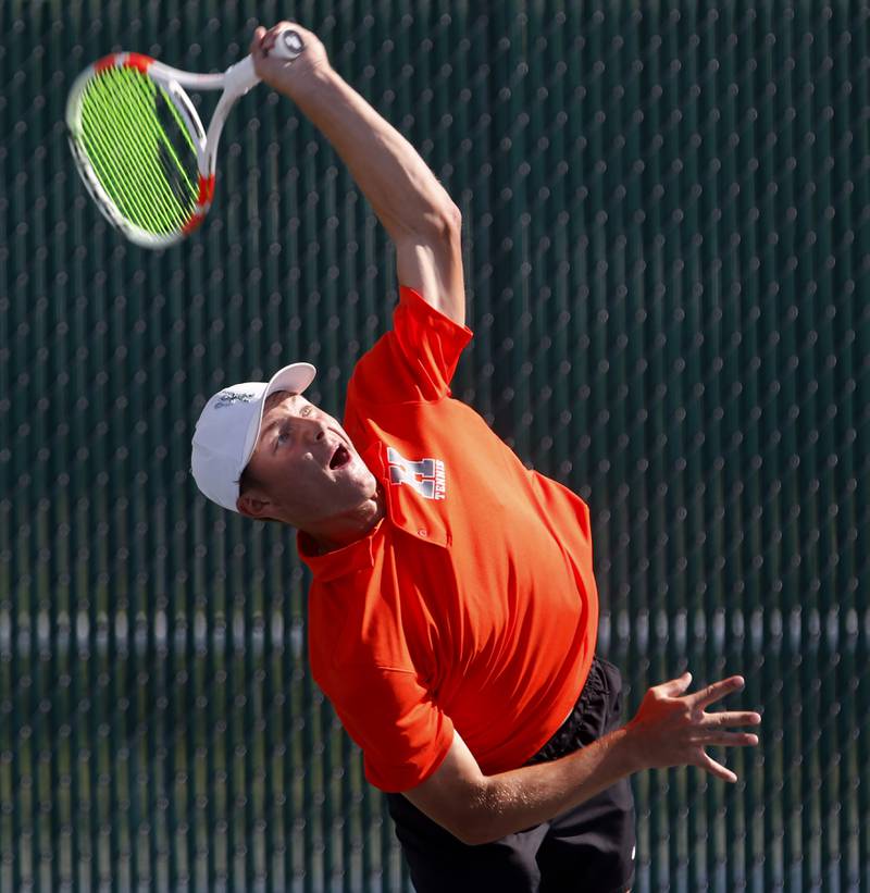 Hersey’s Mitch Sheldon serves the ball as he competes in the Class 2A Boys State Tennis Tournament on Thursday, May 23, 2024, at Hersey High School in Arlington Heights.
