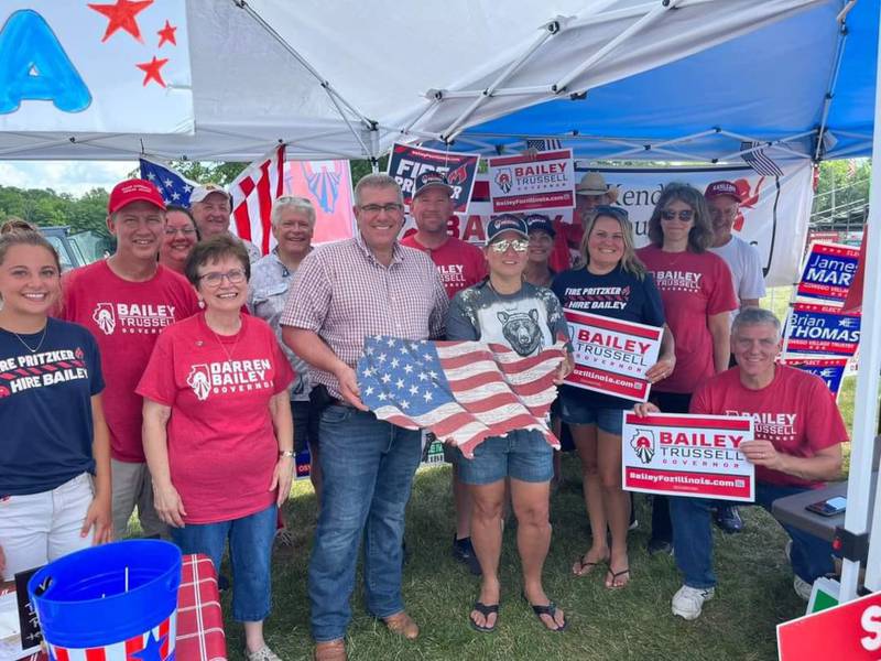 Republican candidate for Illinois Governor Darren Bailey, center, is pictured with several Kendall County Republicans and Team Bailey members at the Kendall County Fair.