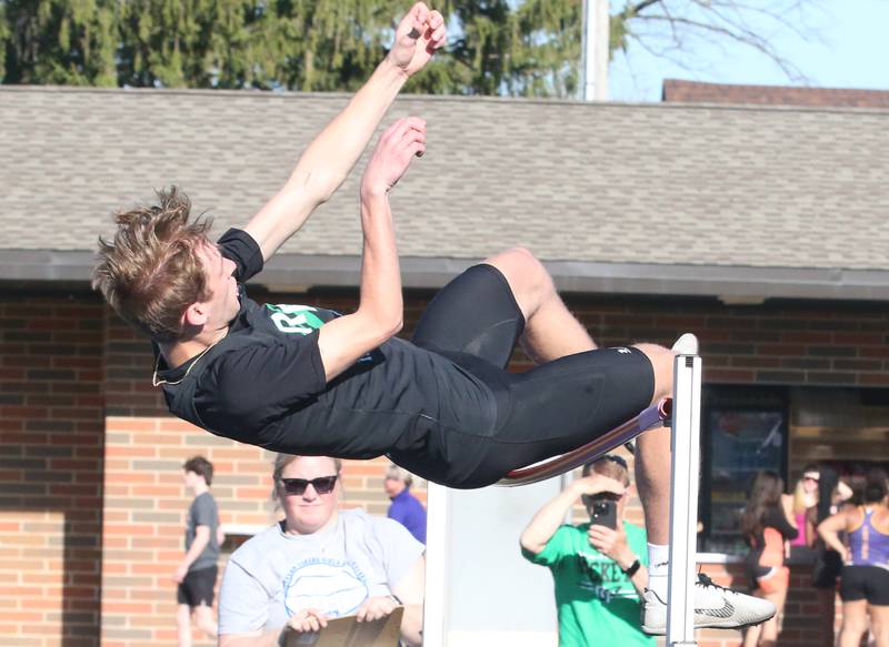 Rock Falls's Aydan Goff competes in the high jump during the Ferris Invitational on Monday, April 15, 2024 at Princeton High School.