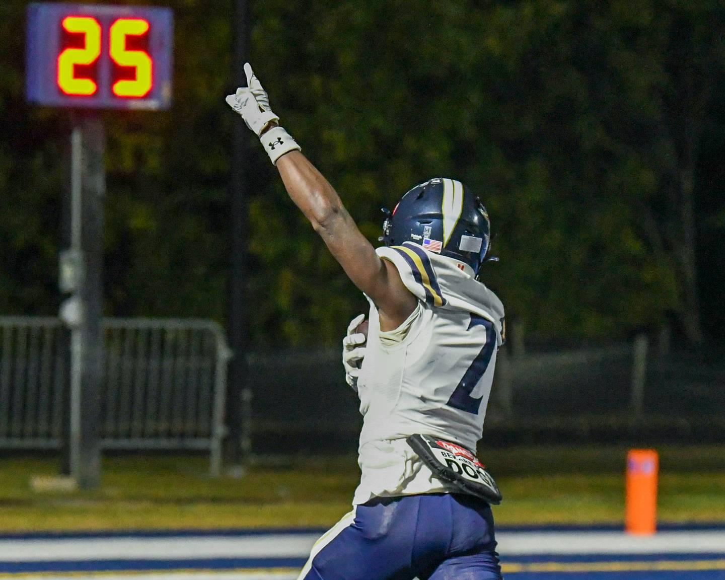 IC Catholic Prep's Quai McGee (2) celebrates as he runs into the endzone for a touchdown during the game on Friday Oct. 3, 2025, while traveling to take on St. Francis High School.