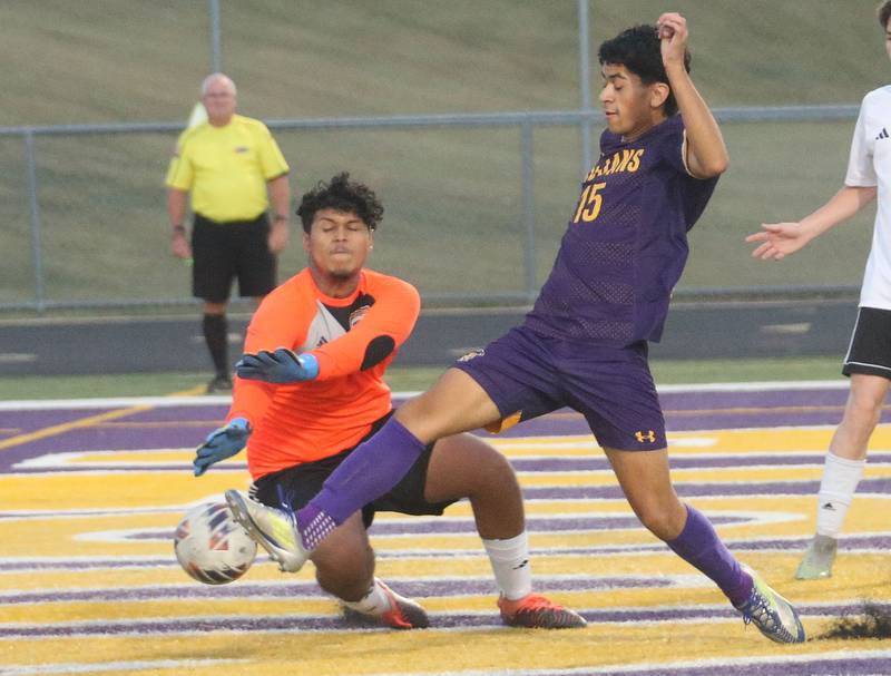 Mendota's Luis Ramirez kicks the ball past Kewanees keeper during the Three Rivers Tournament on Thursday, Oct. 2, 2025 at Mendota High School.