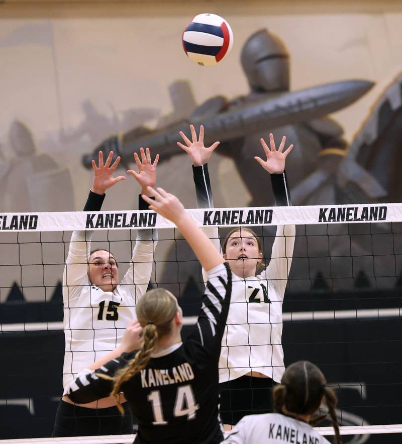 Sycamore's Lillian Jones (left) and Sycamore's Ava Wente-Argo try to block a Kaneland tip during their match Tuesday, Sept. 30, 2025, at Kaneland High School in Maple Park.