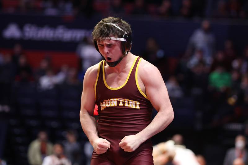 Montini’s Jayden Colon celebrates a victory over Mattoon’s Kiefer Duncan in the Class 2A 145lb. semifinals at State Farm Center in Champaign. Friday, Feb. 18, 2022, in Champaign.