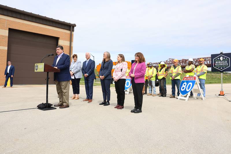 Governor JB Pritzker speaks at the construction kickoff for the new Interstate 80 Des Plaines River bridges on Friday, May 20, 2026 in Joliet.