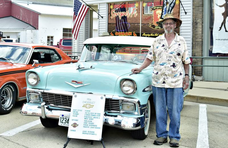 Prophetstown resident Louis DeShane proudly displays his 1957 Chevy Bel Air on Washington Street on Friday, Aug. 22, 2025, for the Prophetstown Proud car show.