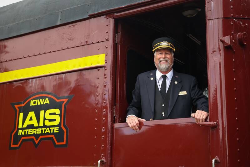 Ken Roehrs of IAIS Railroad welcomes train riders on Saturday, September 28, 2024 at the railroad tracks in Bureau.