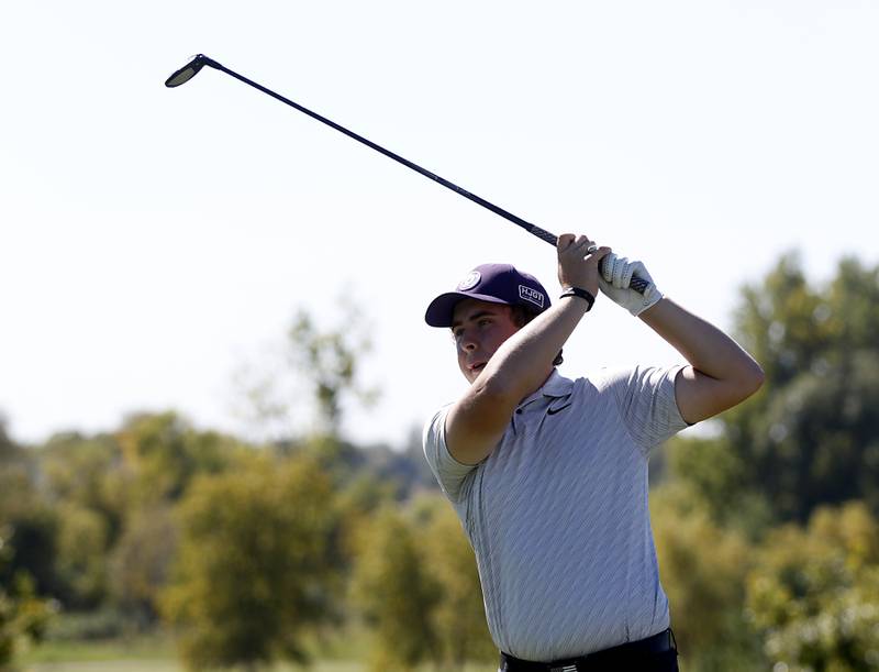 Hampshire’s Eric Brown watches his tee shot on the second hole during the IHSA Boys’ Class 3A Sectional Golf Tournament Monday, Oct. 3 2022, at Randall Oaks Golf Club in West Dundee.