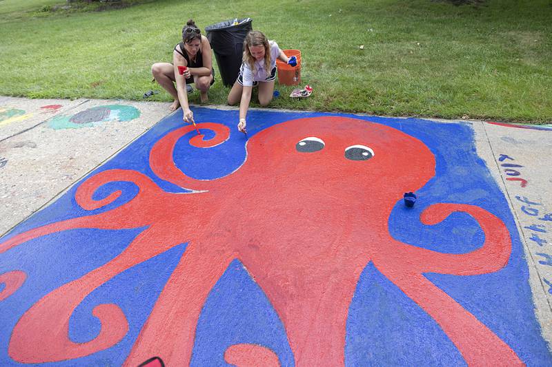 Emily Seier (left) and Lyndie Kastner, 12, paint up a giant octopus Thursday, July 4, 2024 on the lawn of the Old Lee County Courthouse. Discover Dixon’s Brush and Bloom event saw dozens of budding artists decorate the sidewalk around the building.