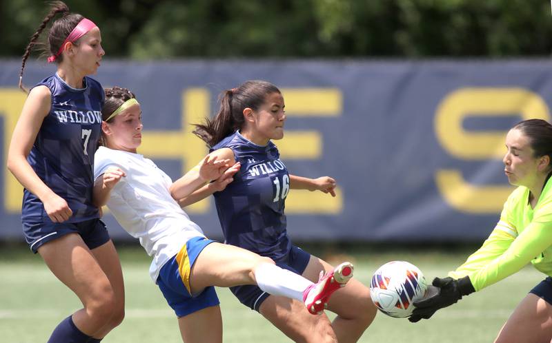 Willows Academy’s keeper Lucia Castillo, right, makes a save as Johnsburg’s Liz Smith is defended by Willows’ Erin Mongoven, left, and Maria Rodriguez in IHSA Class 1A Supersectional soccer action at Dominican University in River Forest on Saturday, May 31, 2025.