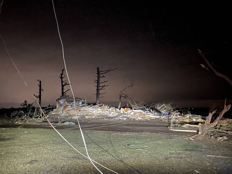 Damage is seen along South Sandbar Road in Aroma Park after severe thunderstorms and a tornado passed through the area on March 10, 2026.