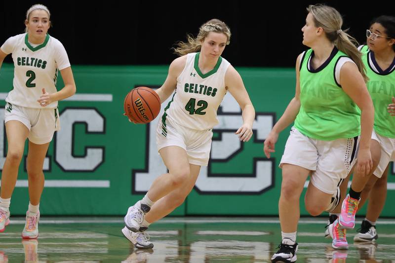 Providence’s Madison Swanson takes the ball upcourt against IMSA in the Class 3A Providence Regional Semifinal on Tuesday, February 14th.