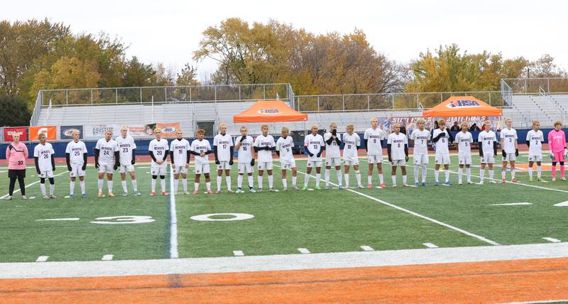 Members of the Mendota boys soccer team are introduced during the Class 1A State title game on Saturday, Nov. 8, 2025 at Hoffman Estates High School.