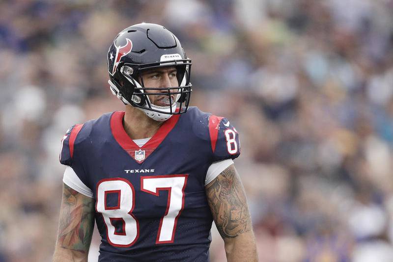 Houston Texans' C.J. Fiedorowicz stands on the field during an NFL football game against the Los Angeles Rams Sunday, Nov. 12, 2017, in Los Angeles. (AP Photo/Jae C. Hong)