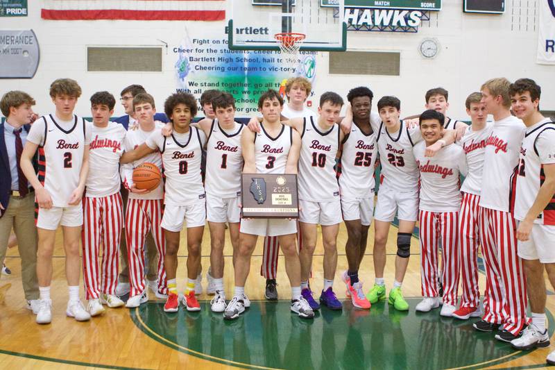 Benet celebrates the Win over Geneva at the Class 4A Sectional Final at Bartlett on Friday, March 3, 2023.
