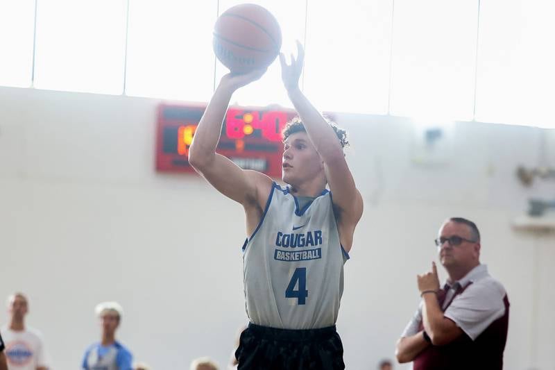 Eastland’s Peyton Spears puts up a shot against Tolono at the 37th Morris Boys Shootout on Tuesday, June 25, 2024.