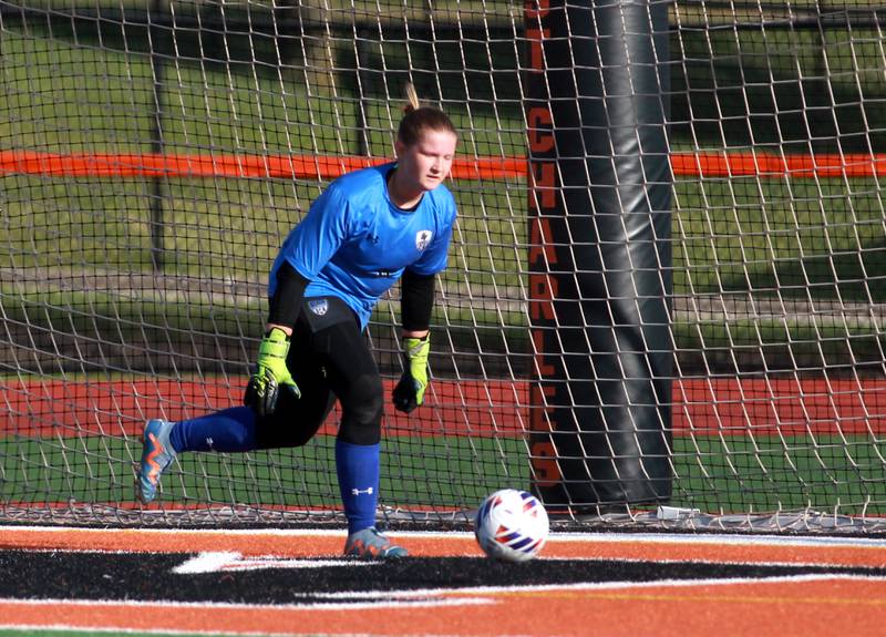 Geneva goal keeper Sophie Peruba goes after the ball during the Class 3A St. Charles East Regional final against St. Charles East on Friday, May 23, 2025 in St. Charles.