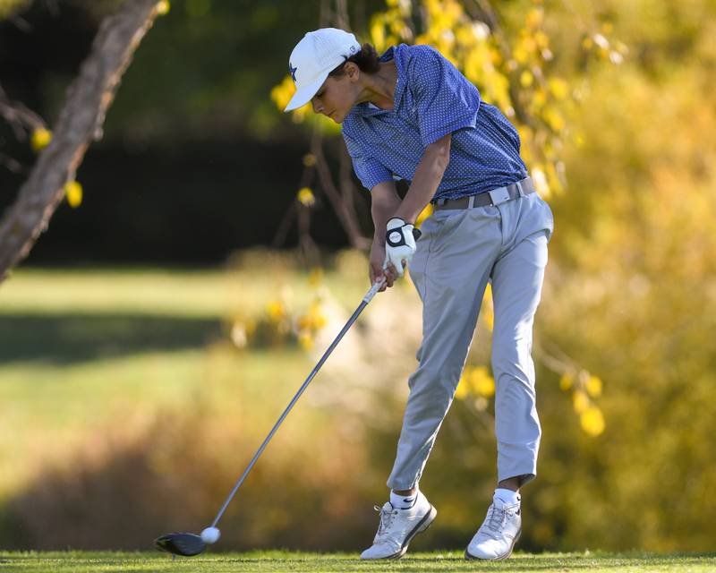 St. Charles North's Caden Shanahan tees off on Monday Oct. 7, 2024, during the 3A sectional match held at Blackberry Oaks Golf Course in Bristol.