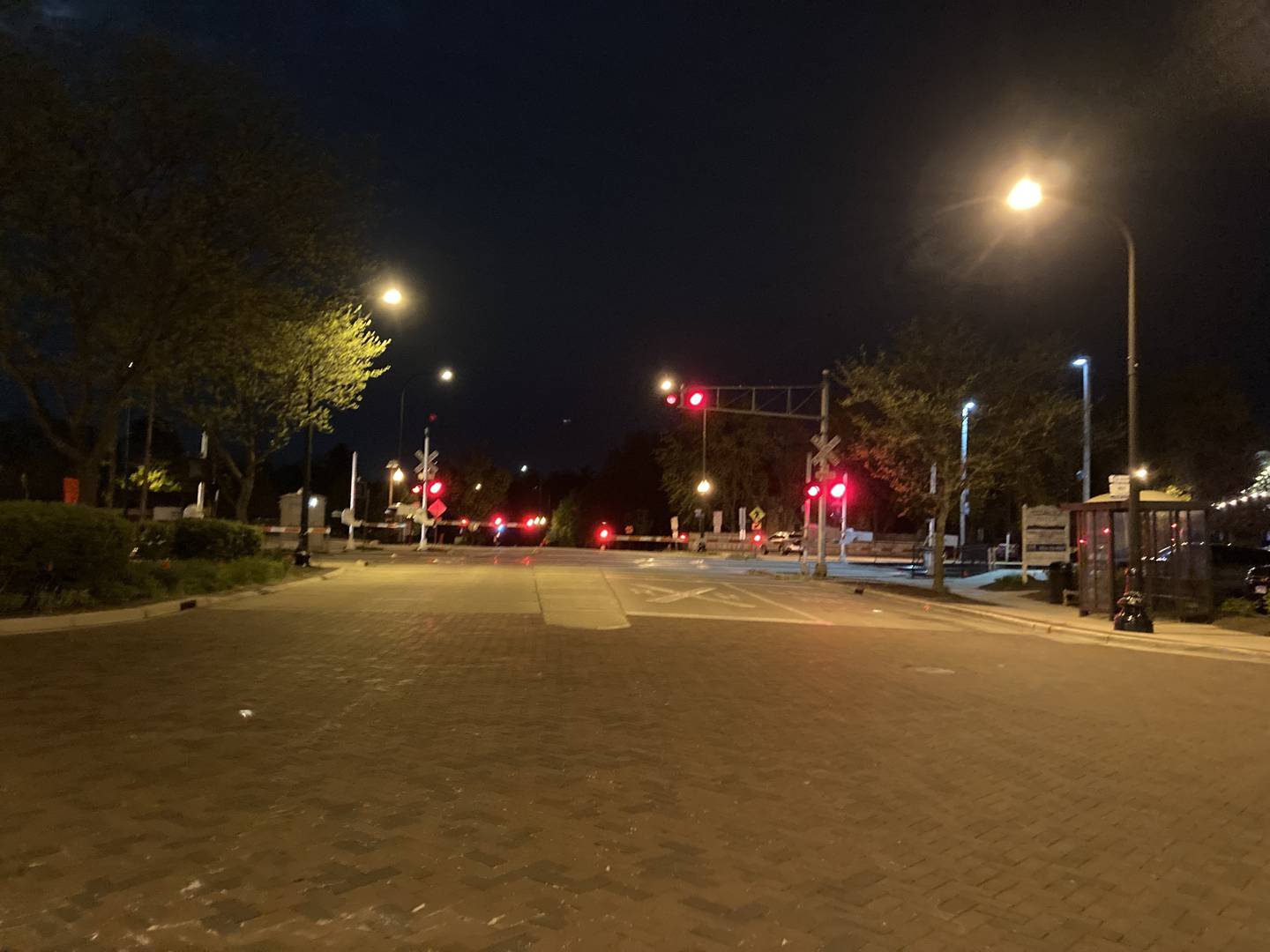 The 3rd Street railroad crossing in downtown Geneva on Friday night, May 5, 2023. Hours earlier, a freight train struck and killed a pedestrian.