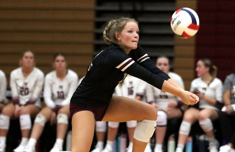 Prairie Ridge’s Tegan Vrbancic passes the ball in varsity girls volleyball at Huntley High School in Huntley on Thursday, Sept. 11, 2025.
