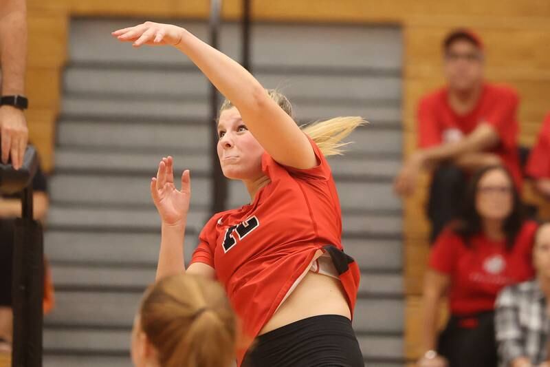 Lincoln-Way Central’s Alyssa Teske follows through on a kill against Lincoln-Way West. Thursday, Oct. 6, 2022, in New Lenox.
