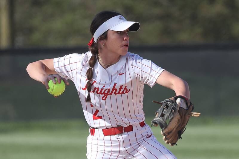 Lincoln-Way Central’s Mia Guide makes a throw to first against Lincoln-Way West on Thursday, April 24, 2024 in New Lenox.