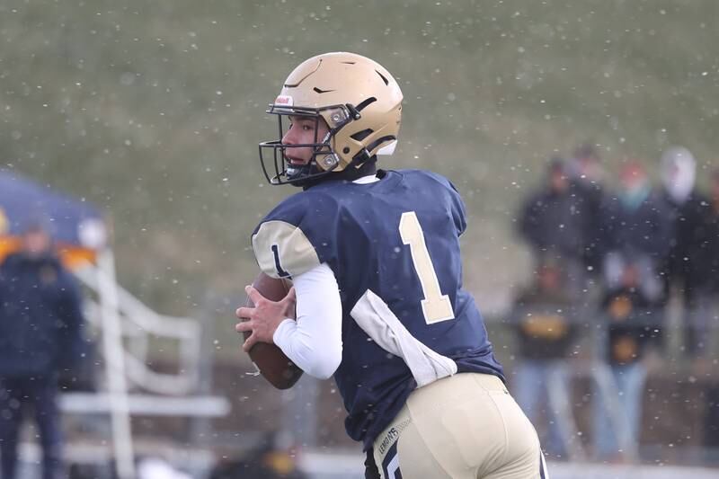 Lemont’s Payton Salomon rolls out to pass against East St. Louis in the Class 6A semifinal in Lemont on Saturday.