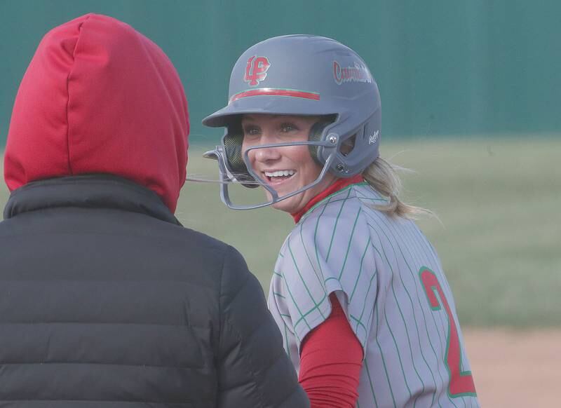 L-P's Karmen Piano smiles after hitting a double against Morris on Monday, April 7, 2025 at the L-P Athletic Complex in La Salle.