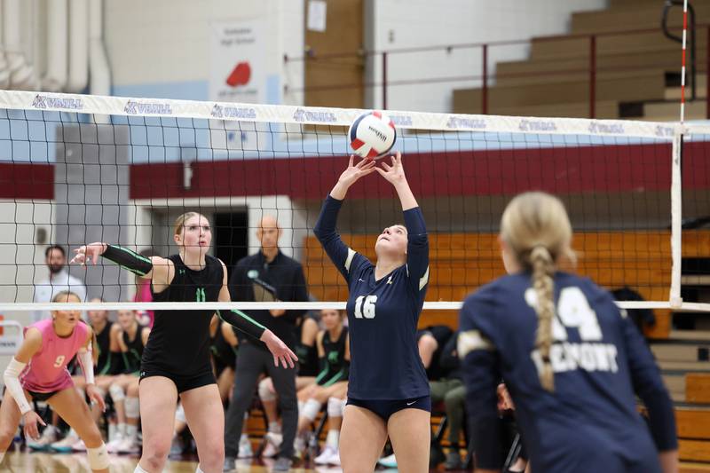 Lemont's Olivia Sarno sets up the ball during Lemont's loss two sets, 25-25, 25-18, to Providence in the IHSA Class 3A Kankakee Sectional championship on Thursday, Nov. 6, 2025.