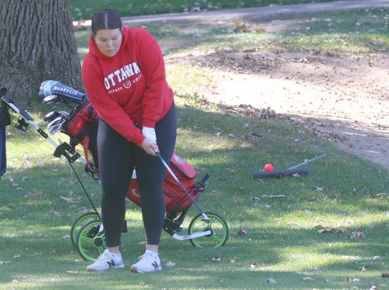 Ottawa's Lila Windy golfs during the Class 2A Regional girls golf meet on Tuesday, Oct. 1, 2024 at Senica's Oak Ridge  Golf Club in La Salle.