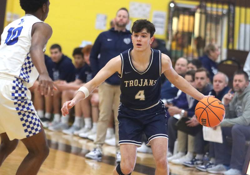 Cary-Grove’s Dylan Dumele moves the ball against Larkin in varsity boys basketball Hinkle Holiday Classic action on Friday, Dec. 26, 2025, at Jacobs High School in Algonquin.