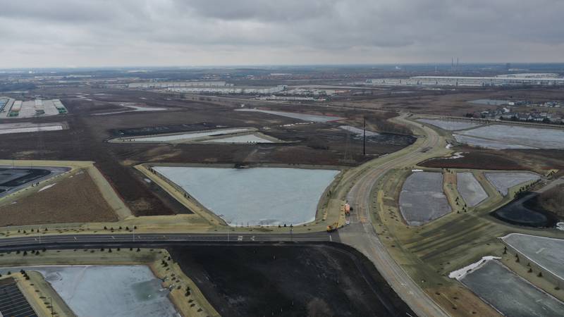 An aerial view of distribution centers for the NorthPoint group near the intersection of Noel Road and Illinois Route 53 on Tuesday, Jan. 30, 2024 in Elwood. NorthPoint is developing the Third Coast Intermodal Hub, a warehouse development of more than 2,000 acres stretching from Joliet to Elwood.