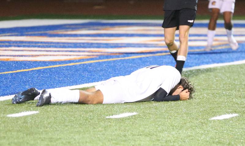 Mendota's Cesar Casas reacts after missing a shot on goal with less than 5 minutes left in regulation against Normal U-High during the Class 1A State semifinal game on Thursday, Nov. 7, 2024 at Hoffman Estates High School.