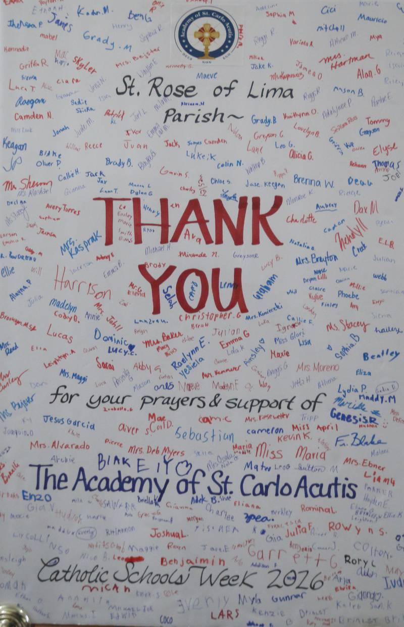 Students from Academy of St. Carlo Acutis, created this poster that was on display during the very first all-school Mass on Friday, Jan. 30, 2026 at St. Joseph’s Catholic Church in Peru.