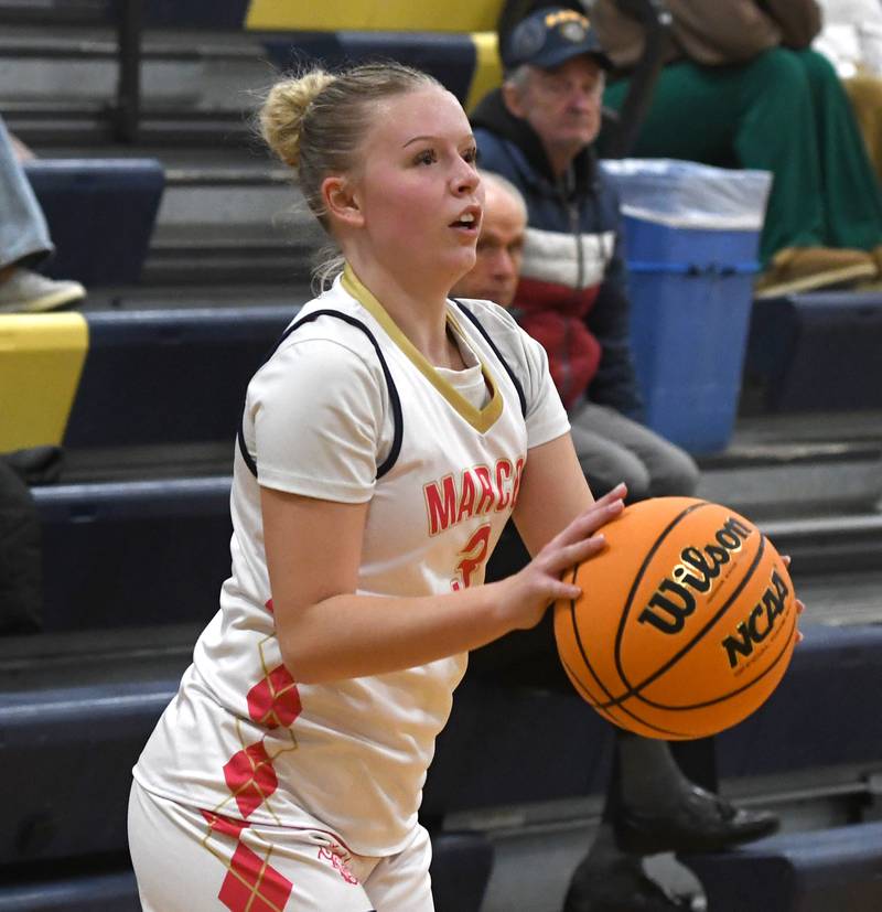 Polo's Carlee Grobe (3) focuses on the basket before draining a three-pointer against Milledgeville on Saturday, Jan. 24, 2026 at Polo High School. Grove scored 21 points on the night.