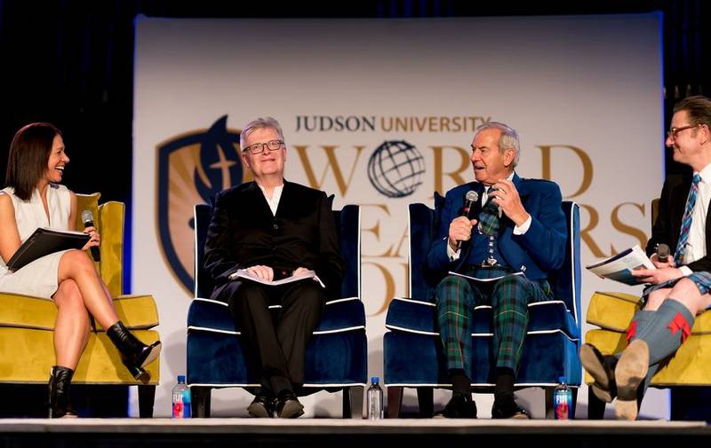 Scottish composer James MacMillan, center left, and British businessman and parliamentarian Robert Haldane Smith, center right, celebrated the legacy of Olympian and Christian missionary Eric Liddell during the Judson University World Leaders Forum Tuesday in Elgin. Liddell's feats at the 1924 Paris Olympics inspired the Academy Award-winning film "Chariots of Fire."