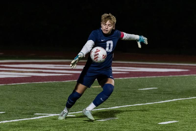 Streator's Seth Zito kicks during a varsity soccer game against Morris at Morris on Oct. 15, 2025.