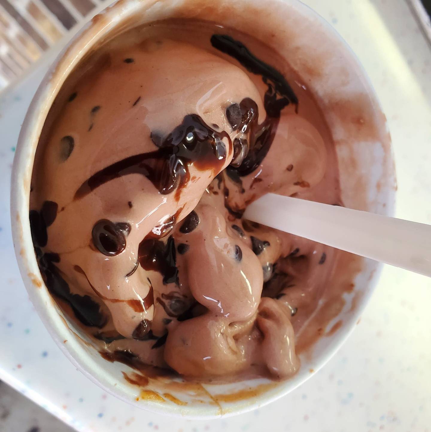 The “Death by Chocolate” speciality tornado at the Minooka Creamery came with chocolate ice cream, mini chocolate chips and chocolate syrup.